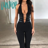Lunivop Deep V Halter Mesh Bandage Bodycon Jumpsuits Outfits Unitards Sleeveless Romper Overalls