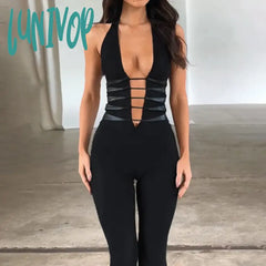 Lunivop Deep V Halter Mesh Bandage Bodycon Jumpsuits Outfits Unitards Sleeveless Romper Overalls