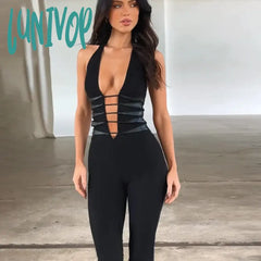 Lunivop Deep V Halter Mesh Bandage Bodycon Jumpsuits Outfits Unitards Sleeveless Romper Overalls