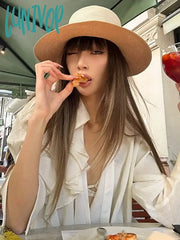 Lunivop Deep V-Neck Hollow Lace Top For Women Mesh Sexy See Through T-Shirt Pullover Loose Ruffled