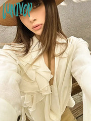 Lunivop Deep V-Neck Hollow Lace Top For Women Mesh Sexy See Through T-Shirt Pullover Loose Ruffled