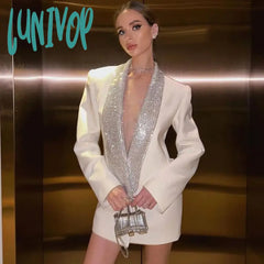 Lunivop Deep V Neck Hot Drill Mini Dress For Women Slim Long Sleeve Sexy Backless Coats Femme Party