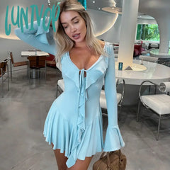 Lunivop Deep V Neck Long Flare Sleeve Autumn Winter Dress Women Solid Ruffles Sexy Mini Dresses