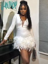 Lunivop Deep V Neck Mini Dress For Women Feathers Patchwork Sexy Bodycon Dresses Ladies Slim Solid