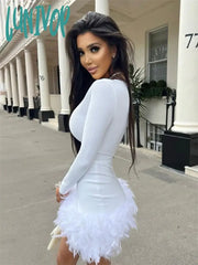 Lunivop Deep V Neck Mini Dress For Women Feathers Patchwork Sexy Bodycon Dresses Ladies Slim Solid