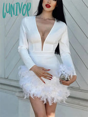 Lunivop Deep V Neck Mini Dress For Women Feathers Patchwork Sexy Bodycon Dresses Ladies Slim Solid