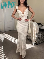 Lunivop Deep V Neck Sexy Dresses Women Sleeveless Slim High Waist Long Cover Up Dress Femme Elegant