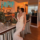 Lunivop Deep V Neck Sexy Dresses Women Sleeveless Slim High Waist Long Cover Up Dress Femme Elegant