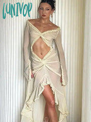 Lunivop Deep V Neck Sheer Dress For Women Elegant Slim Hollow Out Femme Holiday Beach Sexy Ruffle