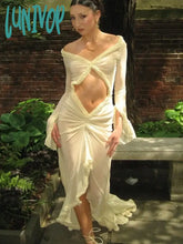 Lunivop Deep V Neck Sheer Dress For Women Elegant Slim Hollow Out Femme Holiday Beach Sexy Ruffle