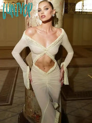 Lunivop Deep V Neck Sheer Dress For Women Elegant Slim Hollow Out Femme Holiday Beach Sexy Ruffle