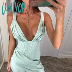 Lunivop Deep V Neck Spaghetti Strap Satin White Dress Sexy Birthday Party Dresses Night Green