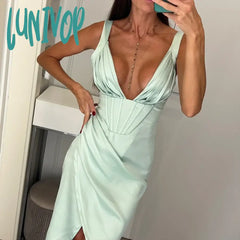 Lunivop Deep V Neck Spaghetti Strap Satin White Dress Sexy Birthday Party Dresses Night Green