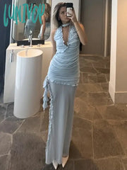 Lunivop Deep V Y2K Neck Slim Maxi Dresses For Women Mesh Splice See Through Folds Long Dress Femme