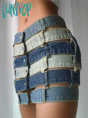 Lunivop Denim Colorblock Skirt For Women High Waist Hollow Out Patchwork Pockets Skirts Female