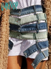 Lunivop Denim Colorblock Skirt For Women High Waist Hollow Out Patchwork Pockets Skirts Female