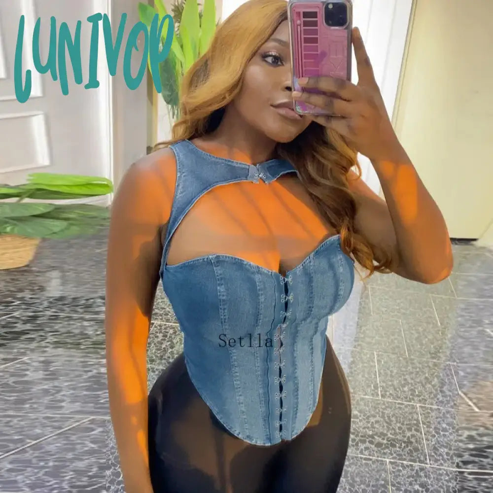Lunivop Denim Hollow Out Sleeveless Corset Tank Top Women Autumn Sexy Cut Tube Y2K Party Club