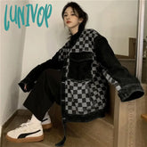 Lunivop Denim Jacket Women Oversized Korean Fashion Streetwear Black Vintage Plaid Jeans Jackets