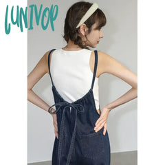 Lunivop Denim Overalls Women Streetwear Jumpsuits Vintage Sweet Wide Leg Suspender Pants Preppy Bow