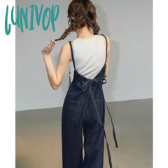 Lunivop Denim Overalls Women Streetwear Jumpsuits Vintage Sweet Wide Leg Suspender Pants Preppy Bow