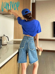 Lunivop Denim Shorts Women’s Five Points High Waist Loose Design Small Trend Ins Summer Thin