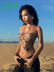 Lunivop Desert Wasteland Style Skin Color Mesh Print Thin Sheer Strapless Hot Girl Skinny Backless