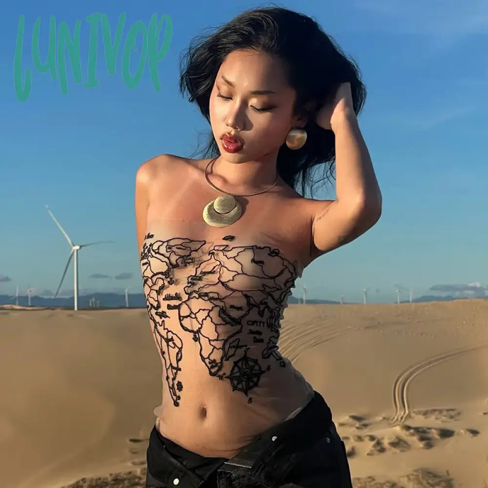 Lunivop Desert Wasteland Style Skin Color Mesh Print Thin Sheer Strapless Hot Girl Skinny Backless