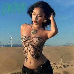 Lunivop Desert Wasteland Style Skin Color Mesh Print Thin Sheer Strapless Hot Girl Skinny Backless