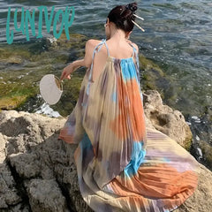 Lunivop Draped Tie Dye Chiffon Robes For Women Sleeveless Simple Vacation Summer French Holiday
