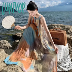 Lunivop Draped Tie Dye Chiffon Robes For Women Sleeveless Simple Vacation Summer French Holiday