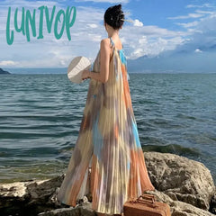 Lunivop Draped Tie Dye Chiffon Robes For Women Sleeveless Simple Vacation Summer French Holiday