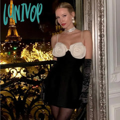 dress to impress outfits Fashion Sexy White Suspender Flower A- line Black Party Temperament Dress Bandage Dress Women