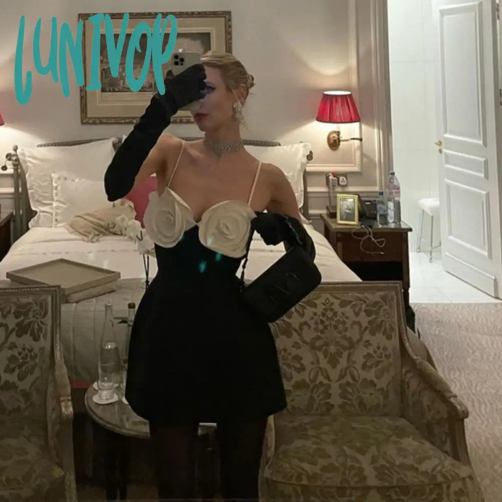 dress to impress outfits Fashion Sexy White Suspender Flower A- line Black Party Temperament Dress Bandage Dress Women