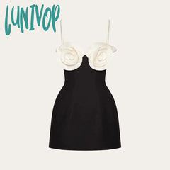 dress to impress outfits Fashion Sexy White Suspender Flower A- line Black Party Temperament Dress Bandage Dress Women