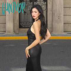 dress to impress outfits PU Leather High-Grade Elegant Halter Dress 2024 New Nightclub Hot Girl Sexy Deep V Backless Sheath Dress