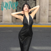 dress to impress outfits PU Leather High-Grade Elegant Halter Dress 2024 New Nightclub Hot Girl Sexy Deep V Backless Sheath Dress