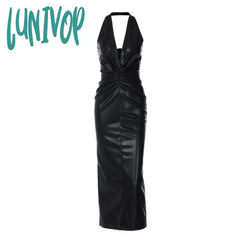 dress to impress outfits PU Leather High-Grade Elegant Halter Dress 2024 New Nightclub Hot Girl Sexy Deep V Backless Sheath Dress