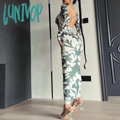 dress to impress outfits Women's 2024 New Autumn Fashion Printed Slim Backless Long Sleeve Dress Women