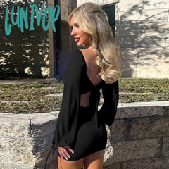 dress to impress outfits Women's New Style Hip Skirt Long Sleeve Lace-up Sexy Backless Dress Basic Solid Color Square Collar Short Skirt Autumn