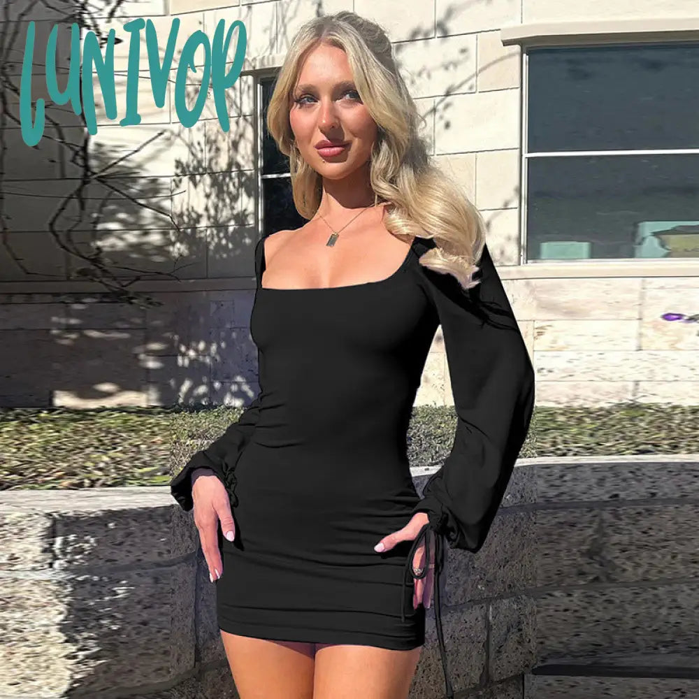 dress to impress outfits Women's New Style Hip Skirt Long Sleeve Lace-up Sexy Backless Dress Basic Solid Color Square Collar Short Skirt Autumn