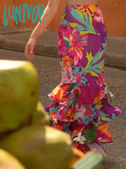 Lunivop Dress Women Summer V Neck Spaghetti Strap Floral Sleeveless Casual Split Long Maxi Cover Up