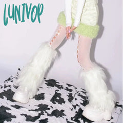 Lunivop E-Girl Furry Leg Warmers Boot Covers Y2K Goth White Faux Fur Punk Jk Knee-Length Hiphop