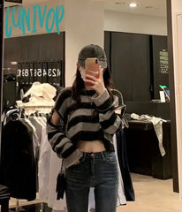 Lunivop E-Girl Gothic Crop Sweater Striped Knitted Pullovers Punk Zipper 2000S Y2K Vintage Harajuku