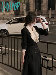 Lunivop Elegant 2 Piece Dress Set Women Long Sleeve Crop Tops + Casual Black Midi Skirt Autumn Slim