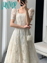 Lunivop Elegant Beige Lace Long Dress For Women Princess Sleeve Vintage Fairycore Solid Square