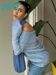 Lunivop Elegant Blue Women Casual Slash Neck Knit Jumper Autumn Chic Long Sleeve Loose Pullover