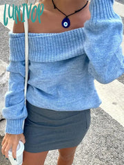 Lunivop Elegant Blue Women Casual Slash Neck Knit Jumper Autumn Chic Long Sleeve Loose Pullover