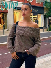 Lunivop Elegant Blue Women Casual Slash Neck Knit Jumper Autumn Chic Long Sleeve Loose Pullover