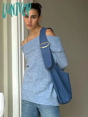 Lunivop Elegant Blue Women Casual Slash Neck Knit Jumper Autumn Chic Long Sleeve Loose Pullover