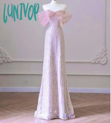 Lunivop Elegant Boat Neck Pink Formal Pearl Evening Dress 2024 Sweet Bow Quinceanera Beading